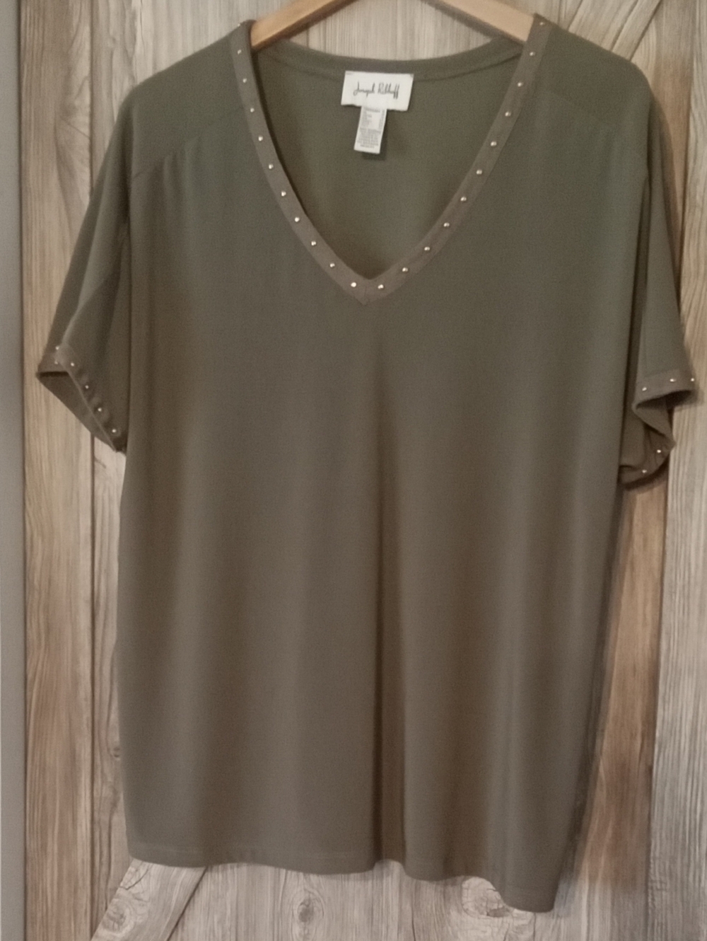 Joseph Ribkoff Olive Green Stud Trim V-Neck Top 16+ - Picture 2 of 8